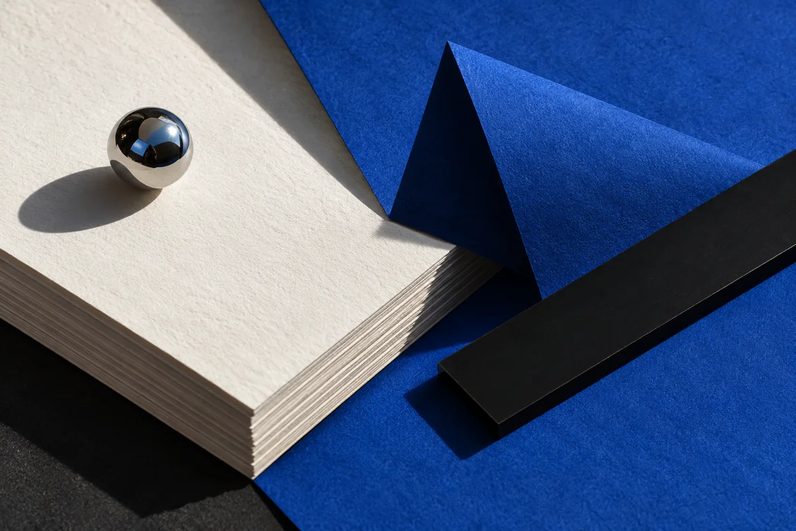 Cobalt folded paper, cotton sheets and a small chrome sphere